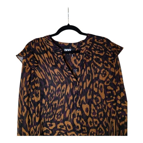 DKNY Leopard Animal Print Ruffle Button Up Shirt -  Size Large - Picture 4 of 8